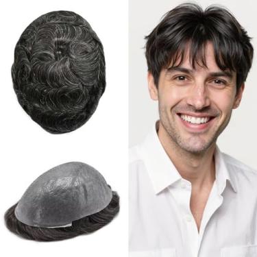 Imagem de FNY HAIR Toupee para homens, pele superfina, sistema de cabelo humano real, pele PU, peruca masculina, preto, marrom, loiro, cinza, #1B10 1B# OFF PRETO COM 10% CINZA SINTÉTICO 20X25.4 cm - 100%