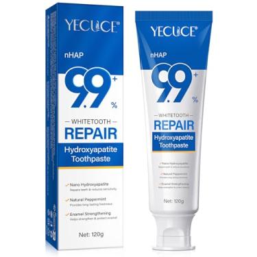 Imagem de Pasta de dente de hidroxiapatita, proteção de esmalte e fortalecimento dentário com 9,9% de hidroxiapatita, para dentes mais brancos e hálito mais fresco, sabor menta, sem flúor, sem SLS e vegano, 120