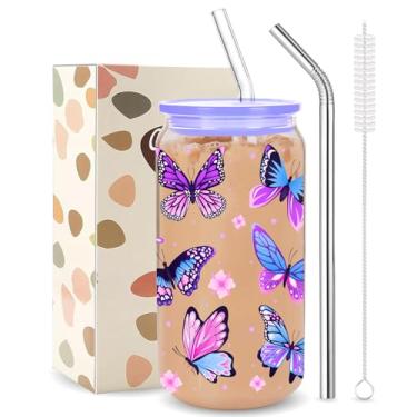 Imagem de Presente de fada borboleta roxa presente para mulheres mãe, estético floral borboletas copos de vidro com tampas e canudos, presentes para Natal, ideias de presentes de aniversário para mulheres, mãe
