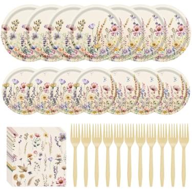 Imagem de 250 peças de pratos e guardanapos de flores silvestres, 50 convidados, conjunto de talheres florais descartáveis de flores silvestres para chá de bebê de casamento, jardim, chá de festa