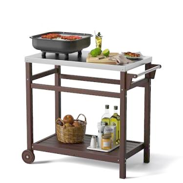 Imagem de TORVA Carrinho de preparação ao ar livre para forno de pizza, pátio grelhado, quintal e churrasqueira (cor marrom)