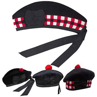 Imagem de AAR Chapéus masculinos escoceses Glengarry Balmoral Kilt em cubos e lisos 100% lã Piper 52-62, Glengarry preto em cubos, 7 5/8