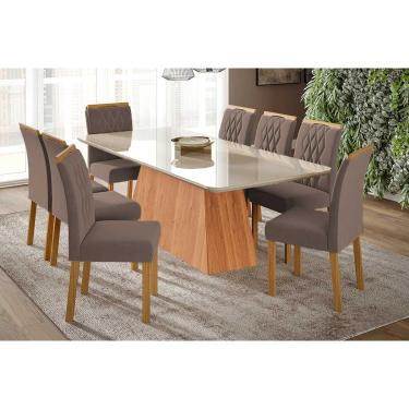 Imagem de Conjunto: Mesa Sala Jantar Helena Tampo Madeirado c/ Vidro 210x100cm e 8 Cadeiras Juliana Cinamomo/Off White - Carvalho/Suede Joli Capuccino - Cimol