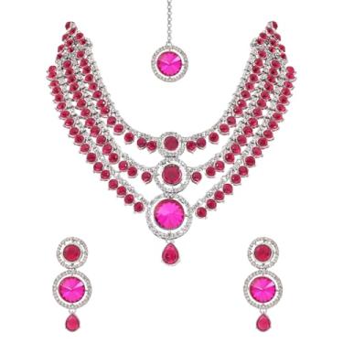 Imagem de I Jewels Colar de pedra redonda de várias camadas de casamento indiano banhado a prata com brincos e conjunto Maang Tikka para mulheres (IJ409ZQ)