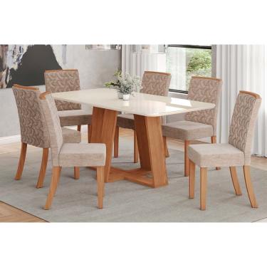 Imagem de Conjunto: Mesa Sala Jantar Lins c/ Tampo Madeirado c/ Vidro Curvo 180x90cm e 6 Cadeiras Esther Nature/Linho Creme - Henn