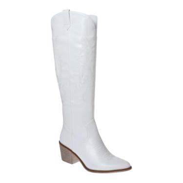 Imagem de Pierre Dumas Botas femininas de caubói com zíper, salto grosso, bico fino, bordado, caubói ocidental, cano alto, para meninas, Poliuretano branco, 36