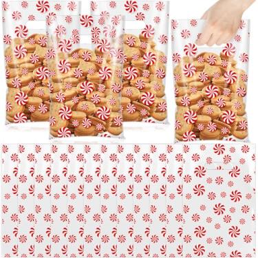 Imagem de AmazingSpark Conjunto de 48 peças de sacolas de presente de celofane de Natal 24 x 15 cm, sacolas de doces de plástico transparente com alças para suprimentos de festa de Natal