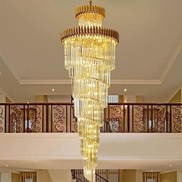 Imagem de Lustre de cristal moderno americano de luxo para escada duplex, sala de estar, hall de villa, design espiral dourado e preto, luminária de escada giratória