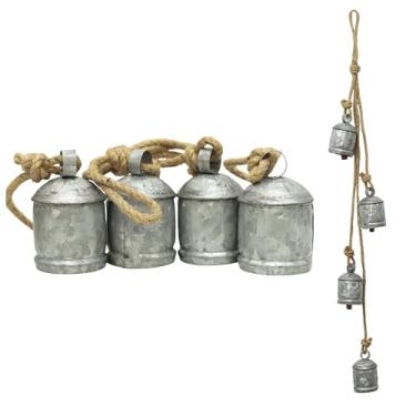 Imagem de Conjunto de 4 sinos de vaca agrupados rústicos de ferro galvanizado com corda de juta natural carrilhão de vento vintage feito à mão para uso interno e externo, arte de parede de fazenda perfeita ou