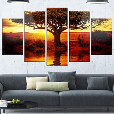 Imagem de Designart Arte de parede de metal brilhante com paisagem africana grande, 60x32-5 painéis em forma de diamante, amarelo