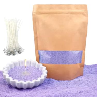 Imagem de PHYMAT Vela roxa areia com 50 peças de pavio, 450 g de cera em pó de vela perolada, velas de areia de plantas recarregáveis com pavios kit para fazer velas artesanais, festas, casamentos, decoração de