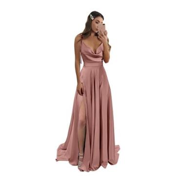 Imagem de Vestido de dama de honra Monvelli de cetim em linha A, gola alta, rosa