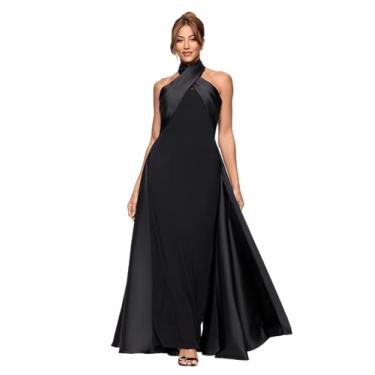 Imagem de Betsy & Adam Vestido feminino Scuba Crepe frente única com sobreposição de cetim até o chão, Preto, 42