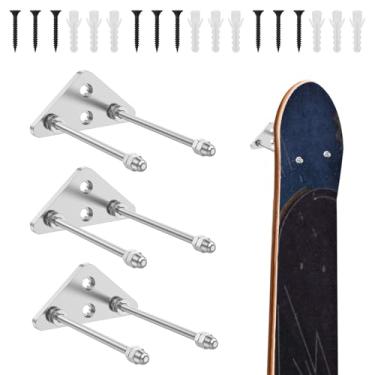 Imagem de 3 suportes de exibição de skate para montagem na parede, cabide de armazenamento de skate de metal com 2 furos de parafuso, exibição horizontal e vertical (prata, triângulo)