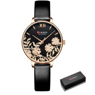 Imagem de Relógio Curren Feminino 9065 Preto couro Detalhes De Flores
