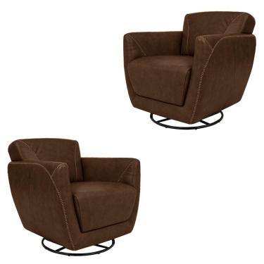 Imagem de Kit 2 Poltronas Decorativas Valentina Sala de Estar Giratória Couro Marrom Tabaco Manchado G40 - Gran Belo