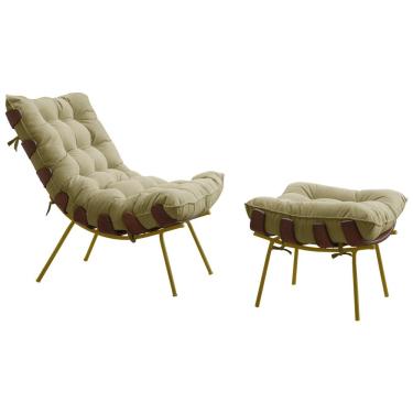 Imagem de Conjunto Decorativo Poltrona e Puff Abel Base de Madeira Dourada Veludo Bege - Gran Belo