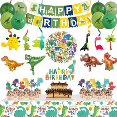Imagem de Artigos para festa de aniversário de dinossauro, conjunto de 104 peças de artigos de festa de dinossauro para meninos e meninas, inclui balões, faixas, toalha de mesa, adesivos, espirais para pendurar, balões de filme de alumínio, topo de bolo e topos de cupcake