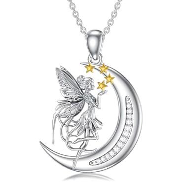 Imagem de Colar feminino com estrela de lua e fada mágica, pingente de elfo celestial encantado com asas de anjo e cristal cintilante, joias femininas de fantasia crescente, presente peculiar de Natal e