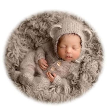 Imagem de Ederafoto 2 Peças Acessórios Para Fotografia De Recém-Nascidos, Roupas Meninos, Poses Fotos, Fantasia Bebê, Macacão Crochê Com Chapéu Urso Meninas (Cinza)