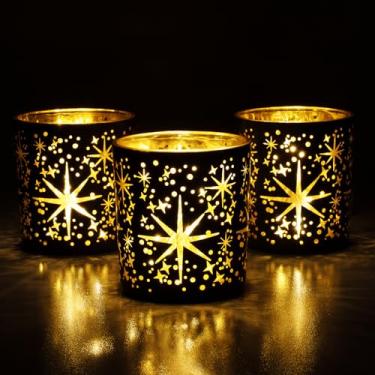 Imagem de Toptime Castiçais votivos pretos e dourados, conjunto de 3 velas de vidro com padrão de estrelas, suportes de luz de chá vintage para mesa de Natal, festa de aniversário, Dia da Vanlentine