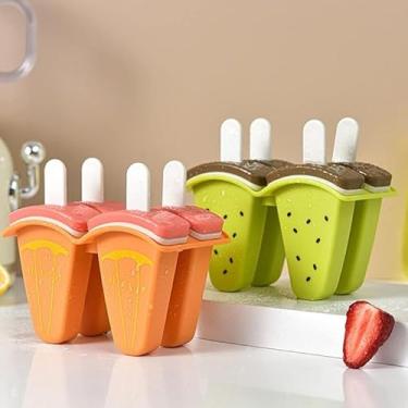 Imagem de Conjunto de Formas para Picolé, 4 unidades, Design Frutas, Cores Sortidas Verde, Rosa e Laranja, Moldes de Sorvete com Palito