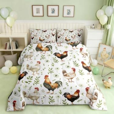 Imagem de jejeloiu Lindo jogo de cama de galo, animais de fazenda, tamanho casal, galo rural, para meninos e meninas, adolescentes, estampa de folhas, respirável, macio, leve, microfibra, edredom