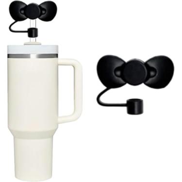 Imagem de Topo de palha de silicone preto com laço fofo para Stanley 30 e 1,134 g, tampa de palha à prova de respingos, capa de canudo reutilizável, capas de ponta de canudo de 10 mm para Stanley