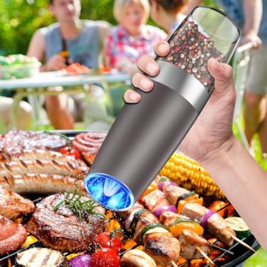 Imagem de Moedor elétrico de pimenta ou sal, moedor de moedor automático com espessura ajustável, luz LED de saleiro automático, alimentado por bateria, aço inoxidável, operado com uma mão, marrom