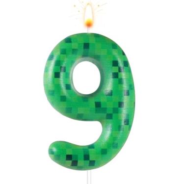 Imagem de Vela de bolo de aniversário Pixel Miner, vela de aniversário dinamite, número verde, vela de aniversário com tema TNT, para jogos de bolo de aniversário, suprimentos de decoração de festa (número 9)