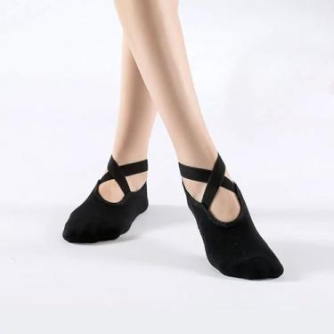 Imagem de Meias femininas antiderrapantes para ioga – pacote com 2 alças e alças – perfeitas para pilates, barra, balé, dança e exercícios descalços, A01- Preto/Cinza, Medium