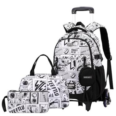 Imagem de ZHANAO Mochila com rodinhas para meninos clássicos para crianças com vários bolsos mochila com rodas mochila escolar para alunos do ensino fundamental, 3 peças - Anime-6 rodas, 6 Wheels