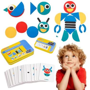 Imagem de Quebra-Cabeças de Madeira Atividade Educacional Montessori Brinquedo 36 Peças Blocos e 60 Peças Cartões