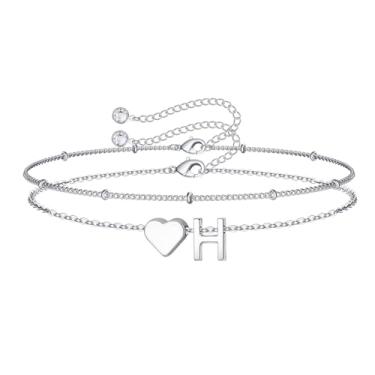 Imagem de M MOOHAM Pulseiras femininas de ouro com inicial de coração – Pulseiras femininas delicadas em camadas com pingente de coração e letra A-Z com elos de corrente, pulseiras com contas, presentes de