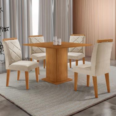 Imagem de Mesa De Jantar Loren 90cm Mdf 4 Cad Melissa Moderna Mobilia Veludo Creme/naturale Laminado