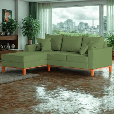 Imagem de Sofá 3 Lugares Beny Com Chaise Esquerdo Linho Verde Oliva