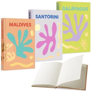 Imagem de Maplefield Conjunto de 3 livros grandes em branco com tema de viagem para escrita, decoração de casa, mesa de centro, estantes de livros – decoração de luxo (Maldivas, Santorini, Galápagos)