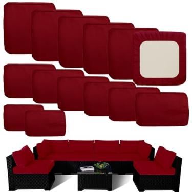 Imagem de TECOSARA Capas de almofada de substituição para ambientes externos, 14 peças, adequadas para 7 peças, 6 lugares, vime, vime, secional, sofá, conjunto de capas de almofada externas, apenas para assento