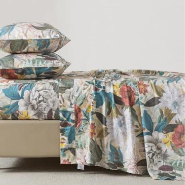 Imagem de FADFAY Jogo de lençol solteiro, 100% algodão, cetim, macio, respirável, luxuoso, vintage, estampa de peônia grande e botânica, roupa de cama clássica estilo jardim, lençol com elástico alto, 4 peças