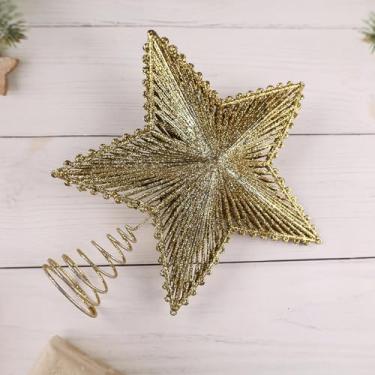 Imagem de Enfeite de árvore de Natal com estrela de metal brilhante 3D, pentagrama, enfeite de decoração de Natal, dourado, 23 x 20 cm