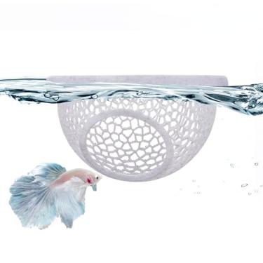 Imagem de Caverna flutuante Betta Hide & Shrimp – Rede de aquário impressa em 3D com textura de mármore, anel alimentador e local de descanso para peixes Betta, tanques Nano, Corydoras, camarão – PLA seguro