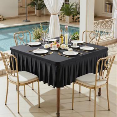 Imagem de Toalhas de mesa pretas de elastano para mesas quadradas de 122 x 122 cm, roupas de mesa elásticas com saia plissada com babados para mesa de 122 cm, sem rugas e elásticas, para festa, cozinha, casa