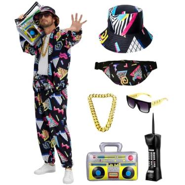 Imagem de rumnigh Traje de treino masculino dos anos 80, 90, conjunto de roupa de hip hop, traje de treino vintage para festas discotecas temáticas (preto, médio)