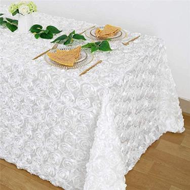 Imagem de QueenDream Toalha de mesa branca para casamento, 227 x 332 cm, roseta, flores 3D, sobreposição de cetim para decoração de mesa de recepção de casamento