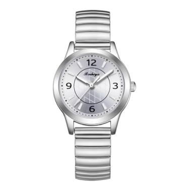 Imagem de BOSHIYA Relógios femininos Easy Reader 30 mm pulseira de expansão de aço inoxidável prata ouro feminino pequeno relógio de pulso, Sol prateado