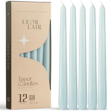 Imagem de Leor & Lair Velas cônicas azuis claras – Pacote com 12 castiçais azuis claros de 25,4 cm – Velas sem perfume para decoração de casa no inverno, jantar de Páscoa, casamentos, restaurantes e eventos