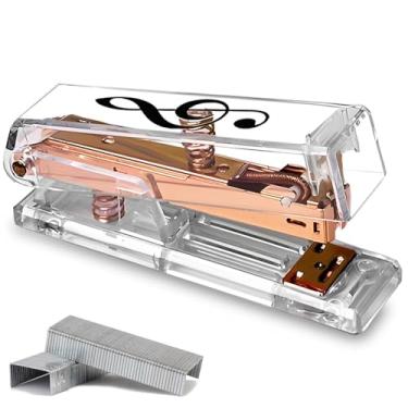 Imagem de Lindo grampeador de mesa em ouro rosa – Design acrílico transparente com padrão de nota musical e teclado de piano, para casa, escritório e presente para amantes de música (nota musical)