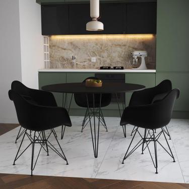 Imagem de Mesa Jantar Redonda 110Cm Preta Clips 3 Pés Com 5 Poltronas Pretas Ferro Preto Marrom