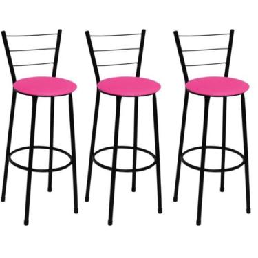 Imagem de Kit 3 Banquetas Alta Preta com Encosto Assento Rosa Jaddi