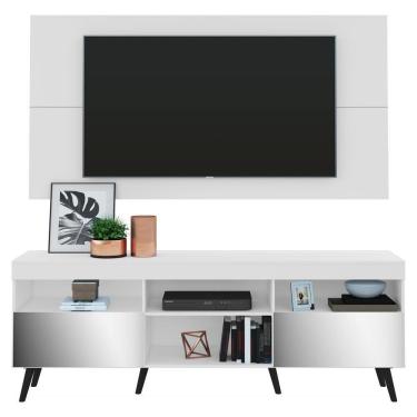 Imagem de Rack Com Painel E Suporte Tv 65" Retrô Com Espelho Flórida Multimóveis V3142 Branco/Preto